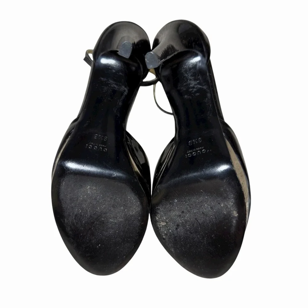 Gucci Black Patent Leather‎ Gold Platform Peep Toe Heels 9.5B Made in Italy